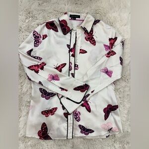 Pink Tartan Silk White Blouse with Pink Butterfly Motif and Black Piping